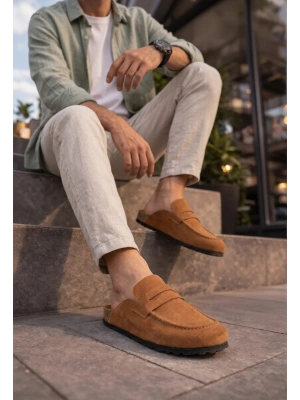 JY0456 Rayn Bağcıksız Hakiki Süet Deri Erkek Günlük Mantar Taban Loafer Klasik Ayakkabı HDMT - Taba