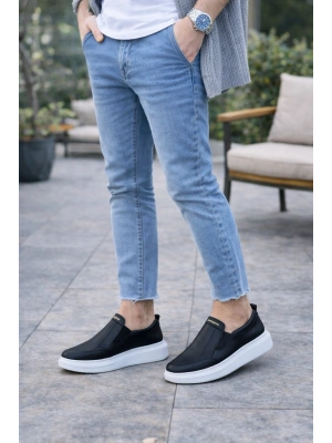 JY049 Ease Bağcıksız Erkek Günlük Cilt Spor Sneaker Ayakkabı CBT - Siyah