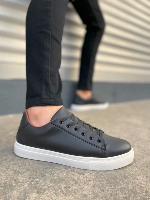 JY122 Mode Bağcıklı Cilt Erkek Günlük Sneaker Ayakkabı CBT - Siyah