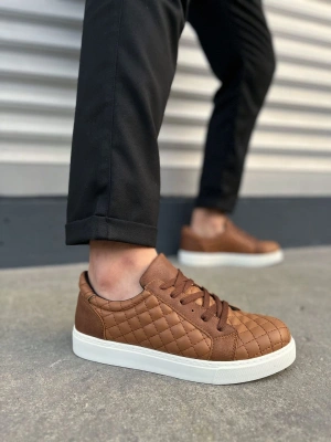 JY166 Prestige Bağcıklı Cilt Kapitone Desenli Erkek Günlük Sneaker Ayakkabı CBT - Taba