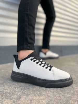 JY204 Flex Bağcıklı Keten Kumaş Erkek Günlük Sneaker Ayakkabı KST - Beyaz/Siyah