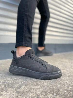 JY204 Flex Bağcıklı Keten Kumaş Erkek Günlük Sneaker Ayakkabı KST - Siyah