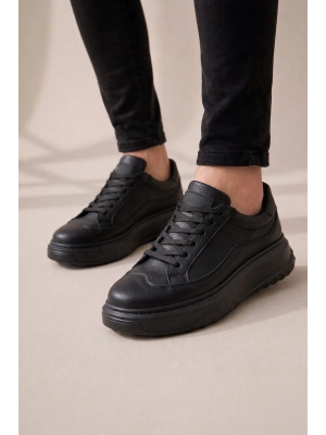 JY507 Dara Bağcıklı Cilt Erkek Günlük Sneaker Ayakkabı CST Siyah