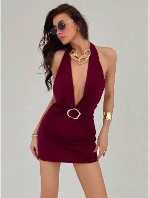 Kadın Bordo Aksesuar Detaylı Boyundan Bağlamalı Şık Tasarım Fantezi Elbise 5140