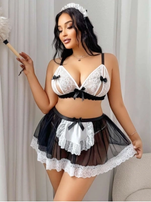 Kadın Büyük Beden  Seksi Hizmetçi Kostüm Fantezi Transparan Tül Fantezi Erotik 8006