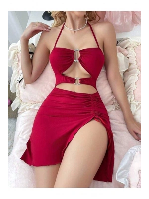 Kadın Kırmızı Fantezi Elbise Önden Büzgü Dekolteli 5082