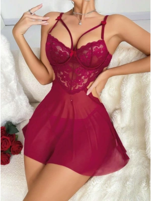 Kadın Kırmızı Fantezi Gecelik Tül Göğüs Dantel Dekolteli Fiyok detaylı 2162