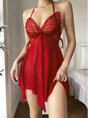 Kadın Kırmızı Kelebek Detaylı Tül Fantezi Gecelik 2246