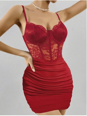 Kadın Kırmızı Transparan Karın ve Dantel Detaylı Gece Kıyafeti 5150