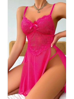 Kadın Pembe Fantezi Gecelik Tül Fiyonk detaylı Yanları Dekolteli 2091