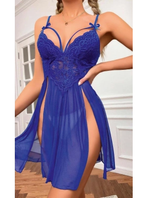 Kadın Saks Mavisi Fantezi Gecelik Tül Göğüs Dantel Dekolteli Fiyok detaylı Yırtmaçlı 2106