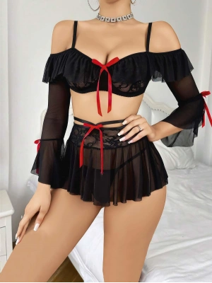 Kadın Siyah Etek Bustiyer Sexy Gecelik Takım 2157