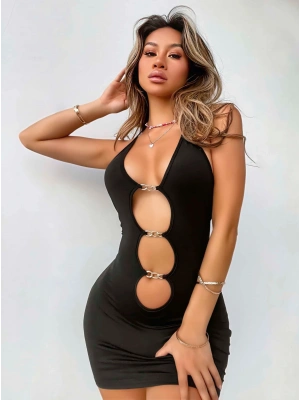 Kadın Siyah Halter Yaka  Akseusar Detaylı Boyundan Bağlamalı Fantezi Elbise 5138