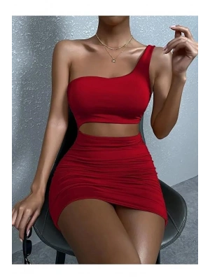 Kadın Tek Omuz Kesim Detaylı Büzgülü Fantezi Elbise 5078