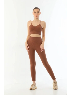 KAHVE MI Emay 3921 Soft Seamless Ripli Tayt Yoga Takımı