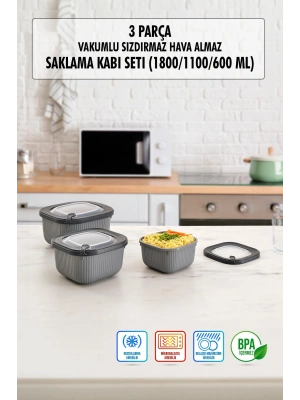 Kare 3 Parça Vakumlu Sızdırmaz Hava Almaz Saklama Kabı Seti Füme (1800/1100/600 Ml)