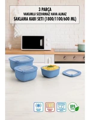 Kare 3 Parça Vakumlu Sızdırmaz Hava Almaz Saklama Kabı Seti Mavi (1800/1100/600 Ml)