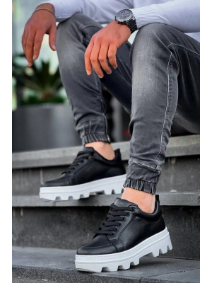 KB-056 Kuback Siyah Cilt Beyaz Yüksek Taban Günlük Spor Ayakkabı