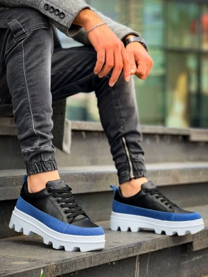 Kb-056 Kuback Siyah Mavi Detaylı Beyaz Yüksek Taban Günlük Erkek Spor Ayakkabı