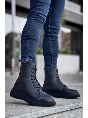 Kb-0991 Kuback Siyah Cilt Siyah Yüksek Taban Bağcıklı Postal Erkek Bot