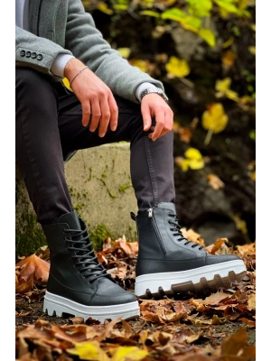 Kb-0993 Kuback Siyah Cilt Beyaz Yüksek Taban Postal Erkek Bot