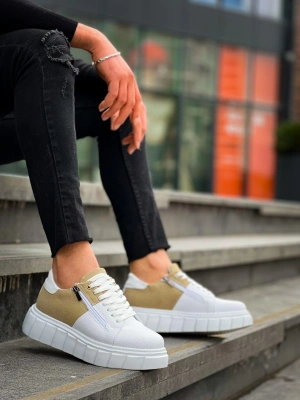 KB-X155 Kuback Beyaz Cilt Bej Süet Detaylı Beyaz Yüksek Taban Günlük Spor Ayakkabı