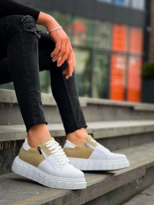 Kb-x155 Kuback Beyaz Cilt Bej Süet Detaylı Beyaz Yüksek Taban Günlük Erkek Spor Ayakkabı