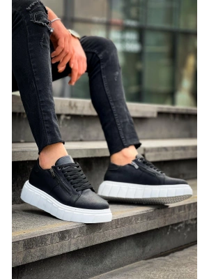 Kb-x155 Kuback Siyah Cilt Detaylı Beyaz Yüksek Taban Günlük Erkek Spor Ayakkabı