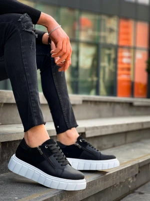 Kb-x155 Kuback Siyah Cilt Siyah Süet Detaylı Beyaz Yüksek Taban Günlük Erkek Spor Ayakkabı