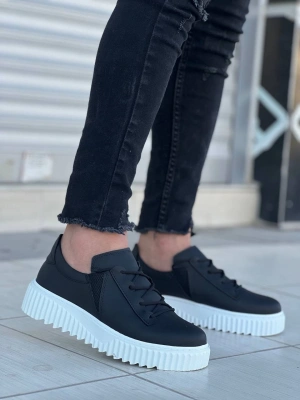 Kb-x502 Kuback Siyah Cilt Yüksek Beyaz Taban Bağcık Detaylı Lastikli Günlük Erkek Ayakkabı Erkek Günlük Ayakkabı