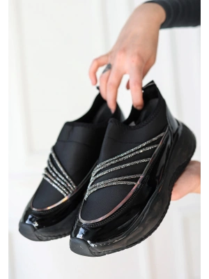 Keita Siyah Rugan Streç Detaylı Siyah Tabanlı Kadın Spor Ayakkabı