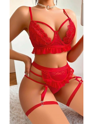 Kırmızı Bacak Bantlı Özel Dantel Tül Işlemeli Fantezi Jartiyer Kostüm 2060