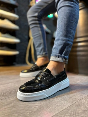 Knack Yüksek Taban Günlük Ayakkabı 700 Siyah Rugan (Beyaz Taban)