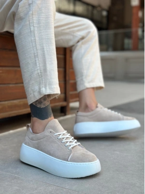 Le11 Bağcıklı Erkek Yüksek Taban İthal Süet Krem Spor Ayakkabı Erkek Günlük Ayakkabı