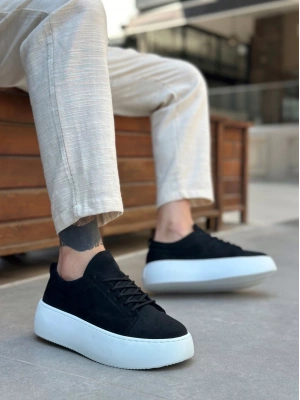 Le11 Bağcıklı Erkek Yüksek Taban Siyah Süet Spor Ayakkabı Erkek Günlük Ayakkabı