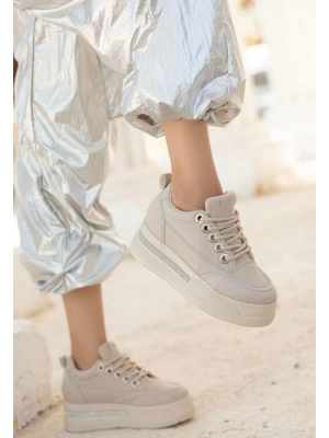 Lulu Bej Cilt Bağcıklı Kadın Spor Ayakkabı