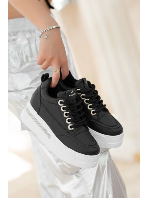 Lulu Siyah Cilt Beyaz Tabanlı Bağcıklı Kadın Spor Ayakkabı