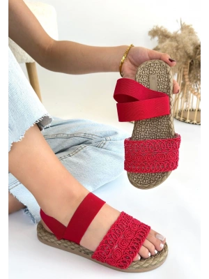 Marri Kırmızı Dantel Lastikli Kadın Sandalet