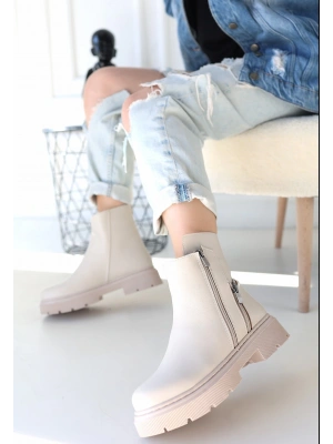 Menta Bej Cilt Fermuar Aksesuarlı Kadın Bot