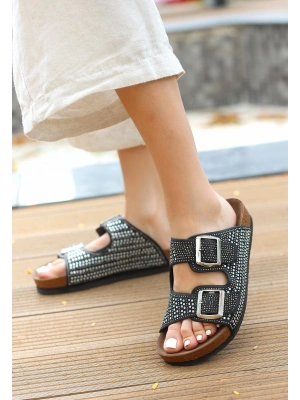 Monte Siyah Nubuk Boncuk İşlemeli Kadın Terlik