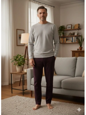 Pijalüx Tek Alt Cepli Örme Ekose Ev Pantolonu