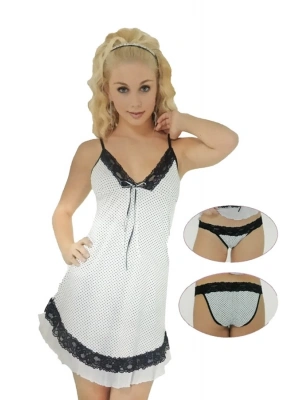 Pınar Beyaz Puantiyeli Gecelik ve KülotTakımı