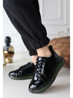 Piona Siyah Rugan Yeşil Tabanlı Kadın Spor Ayakkabı