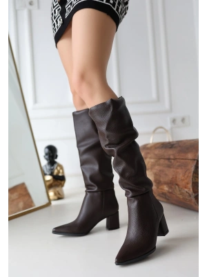 Pitay Kahverengi Cilt Topuklu Kadın Çizme