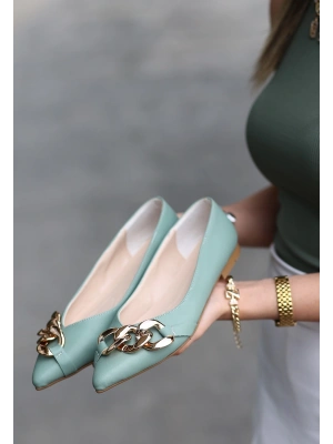 Popi Mint Yeşili Cilt Zincirli Ayakkabı Kadın Babet