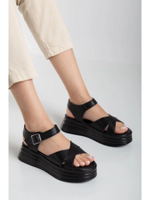 Sibna Siyah Cilt Kemerli Kadın Sandalet