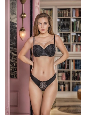SİMLİ STRAPLEZ LOTUS SÜTYEN VE SLİP KÜLOT TAKIM SİYAH (MGP31541)