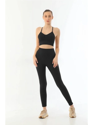 SİYAH MI Emay 3921 Soft Seamless Ripli Tayt Yoga Takımı