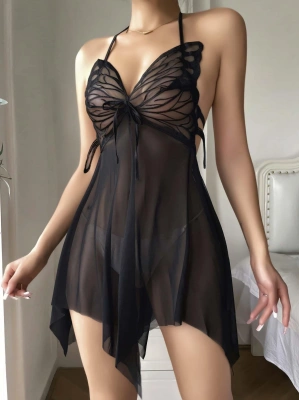 Siyah Transparan Kelebek Detaylı Tül Fantezi Gecelik 2243