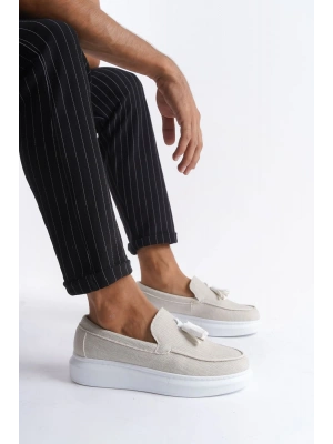 SLW154 Blaze Bağcıksız Püsküllü Keten Erkek Günlük Spor Klasik Ayakkabı KBT - Beyaz